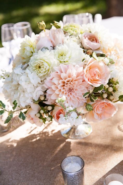 Featured Photographer: Elle Jae Photography Blush Floral Arrangements, Natural Arrangements, Wedding Flowers Table, Dahlia Centerpiece, Wedding Flowers Gypsophila, Blush Wedding Centerpieces, White Wedding Centerpieces, Decorations Flowers, Dahlias Wedding