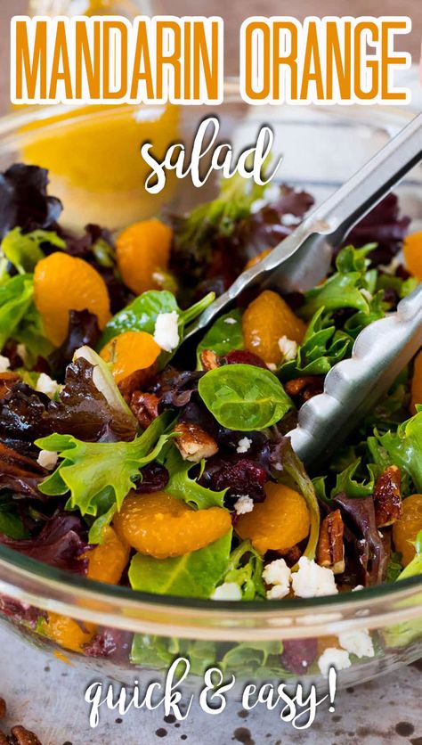 This mandarin orange salad is mixed greens with juicy orange slices, dried cranberries, feta cheese and candied pecans, all tossed in a homemade dressing. Spring Mix Salad Recipes, Orange Salad Recipes, Mandarin Orange Salad, Christmas Salad Recipes, Spring Mix Salad, Green Salad Recipes, Salad Mixed Greens, Cranberry Salad, Pecan Salad