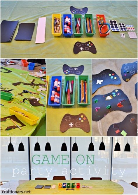 We absolutely love this Video Game Party Activity by @craftionary! This would be a perfect activity for your boy's Video game sleepover party. Head over to their website for the Supplies guide Video Game Party Food, Video Game Decorations, Gamers Party Ideas, Video Game Birthday Party Decorations, Game Decorations, Controller Cake, Party Activities For Kids, Video Game Party Favors, Boy Sleepover