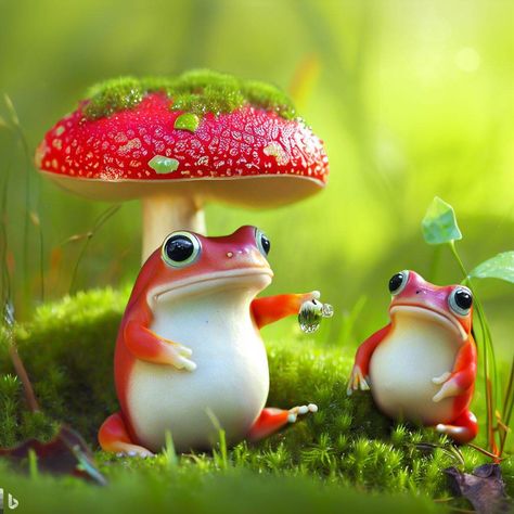 Cottage core frogs under a red cap mushroom Cottage Core Aesthetic Mushrooms, Mushroom And Frog Aesthetic, Frog Under Mushroom, Frog On Mushroom, Frogs With Mushrooms, Mushrooms And Frogs Aesthetic, Mushroom Core, Mushroom Cottage, Red Cap