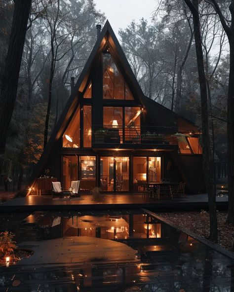 10+ Great A-Frame Cabins Large A Frame Cabin, A Frame Lake House, Tiny House Cabin Small Cottages, Mountain Cabin Interiors, A Frame House Interior, Cabin Bedroom Decor, Frame Cabins, A Frame Cabin Plans, Pretty Homes