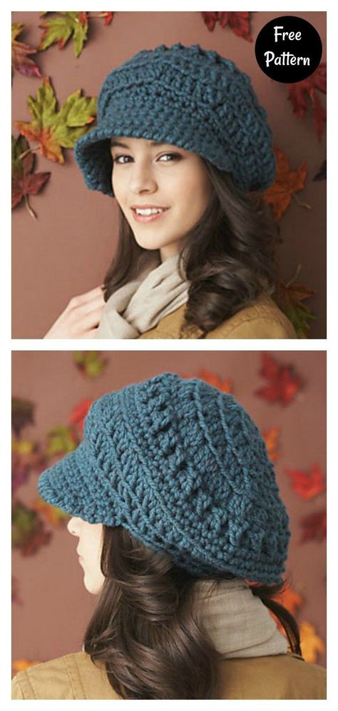 Newsboy Hat Free Crochet Pattern Newsboy Hat Pattern, Crochet Newsboy Hat, Pola Topi, Crazy Crochet, Peaked Hat, Crochet Adult Hat, Textile Craft, Crochet Hat With Brim, Crochet Headbands