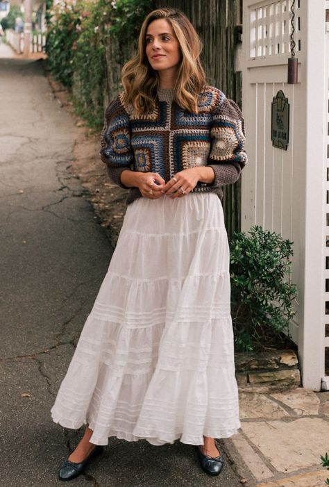 Tiered Skirt Outfit Fall, Long Tiered Skirt Outfit, Prairie Skirt Outfit, White Tiered Skirt Outfit, Layered Skirt Outfit, Tiered Skirt Outfit, Short Tiered Dress, Three Tiered Skirt, Skirt Styling