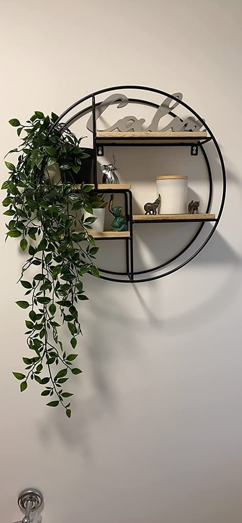 Circular Shelf Decor Living Room, Circular Metal Shelf, Black Round Shelf, Round Shelf In Bathroom, Metal Circle Wall Decor, Circle Mirror Wall Decor Living Room, Round Hanging Shelf, Circular Floating Shelves, Round Plant Shelf