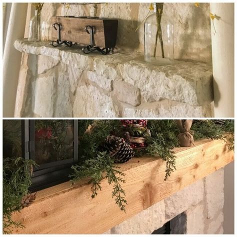 Cover Stone Fireplace With Wood, Fireplace Mantle Cover, Diy Wood Mantle, Stone Fireplace Mantle, Fireplace Hearth Decor, Limestone Mantle, Diy Mantle, Hearth Decor, Stone Veneer Fireplace