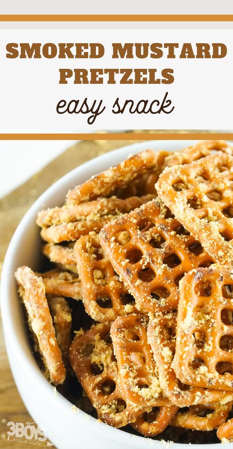 Don't miss this Smoked Mustard Pretzels Recipe! It's a simple recipe to curb all those crunchy cravings! Homemade Honey Mustard Pretzels, Mustard Snacks, Smoked Pretzels, Smoked Pretzels Recipe, Mustard Pretzels Recipe, Flavored Pretzel Recipes, Smoked Dog Treats, Smoked Snacks, Recipes With Pretzels