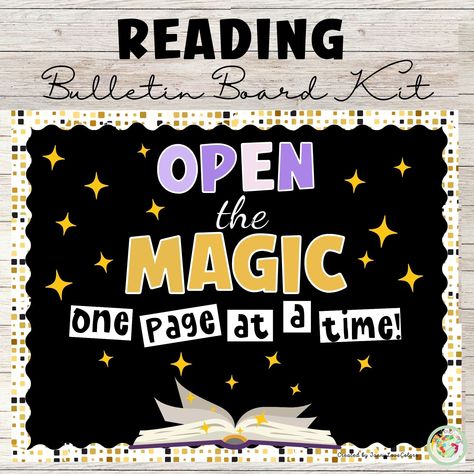 Open Book Bulletin Board, Reading Decorations Classroom, Welcome To The Library Bulletin Board, Reading Is Magic Display, Magic Bulletin Board Ideas, Book Week 2024 Reading Is Magic, Reading Is Magic, Back To School Library Bulletin Boards, Bulletin Board Reading