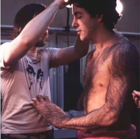 Rick Baker working on David Naughton on the set of An American Werewolf in London David Naughton, Museum Movie, Rick Baker, An American Werewolf In London, Werewolf In London, Top 10 Films, Movie Makeup, American Werewolf In London, Horror Movie Icons