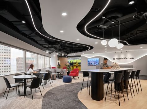 Hitachi Vantara Offices - Singapore | Office Snapshots Library Interior Design, Office Technology, Baffle Ceiling, Office Things, Office Cafeteria, Office Idea, Office Ceiling, Modular Lounge, Interior Columns