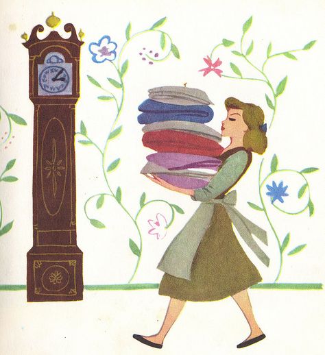 Cinderella does laundry from "Walt Disney's Cinderella, A Little Golden Book",1950 Mary Blair Art, Disney Amor, Walt Disney Cinderella, Mary Blair, Disney Artwork, Disney Concept Art, Golden Book, Little Golden Books, Disney Films