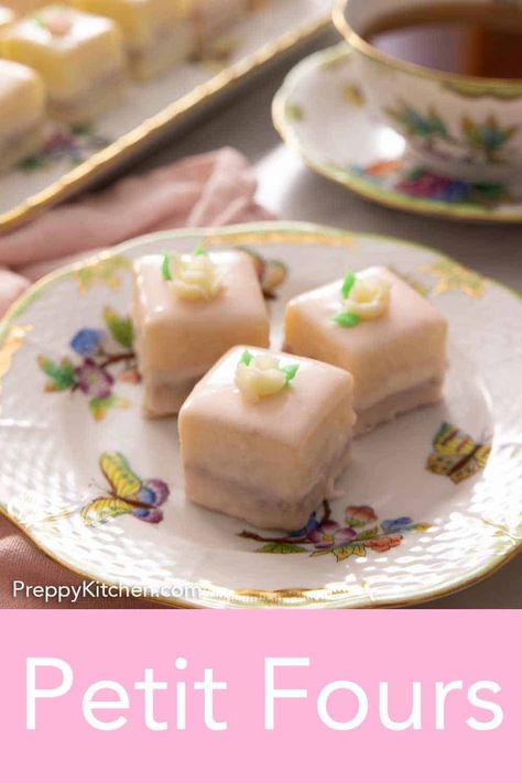 The perfect bite-sized treat, these Petit Fours are perfect for parties, weddings, tea time, and more! A soft cake with raspberry jam and buttercream layered in-between and topped with a white chocolate coating, these petit fours are so delightful! Petit Fours Recipe, Petit Four Recipes, Tea Party Desserts, Soft Cake, Afternoon Tea Recipes, Preppy Kitchen, Tea Party Food, Frozen Cake, Chocolate Coating