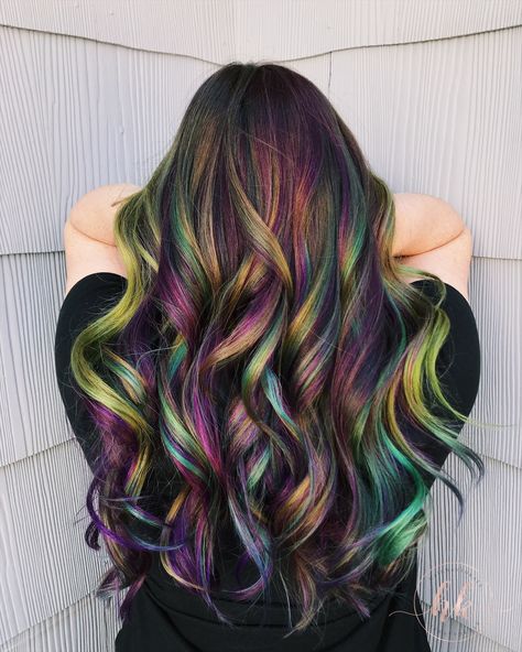 Mardi Gras hair Mardi Gras Hair Color, Mardi Gras Hairstyles, Mardi Gras Hair, Exotic Hair Color, Oil Slick Hair, Slick Hair, Hair Change, Hair Portfolio, Rave Hair