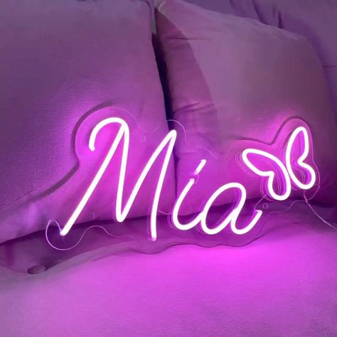 #NeonSignNames #NeonInspiration #NeonSigns #BrightIdeas Mia Name Design, Led Words Lights Neon Signs, Led Name Sign, Bedroom Led, Business Signage, Hazardous Materials, Neon Sign Bedroom, Custom Wedding Signs, Baby Name Signs