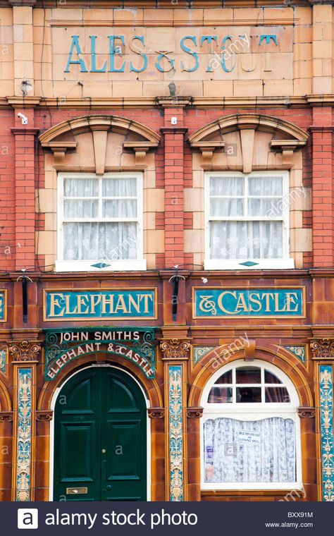 The Elephant and Castle just across the road from the train station, Wakefield, West Yorkshire.  This is an olde-worlde pub with rooms if you are stranded late at night. Good all round Victorian pub with late Victorian frontage of polished terracotta tiles. Pub Signage, Uk Pub, Landscape Reference, Elephant And Castle, Huddersfield Town, Figure Design, British Pub, Diagon Alley, Pub Signs