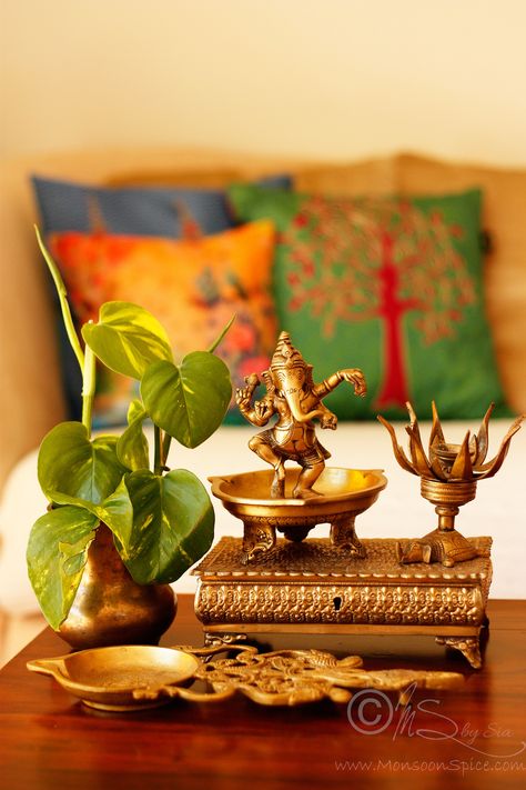 Rise up and face the day with enthusiasm... Hello Monday! I am ready for you :) Copyright of http://monsoonspice.com Indian Inspired Decor, Brass Home Decor, Indian Interiors, Indian Home Interior, Ethnic Home Decor, Ethnic Decor, Pooja Room Design, Dekor Diy, Indian Homes