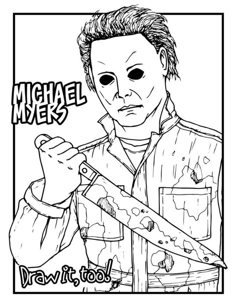 Scary Halloween Coloring Pages, Scary Coloring Pages, Adult Coloring Book Pages, Michael Myers Halloween, Halloween Drawings, Jason Voorhees, Halloween Coloring Pages, Halloween Movies, Coloring Book Art