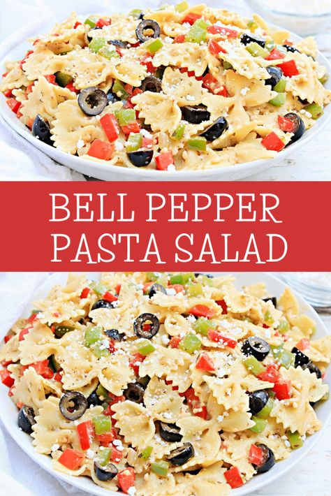 Bell Pepper Pasta Salad ~ Easy Greek-style pasta made with simple ingredients and ready to serve in 30 minutes or less! Red Pepper Pasta Salad, Pasta Salad Recipes With Peppers, Hot Pepper Salad Recipes, Pasta Salad With Bell Peppers, Pasta Salad With Green Peppers, Bell Pepper Pasta Salad, Pasta Salad With Peppers, Pepper Pasta Salad, Bell Pepper Pasta