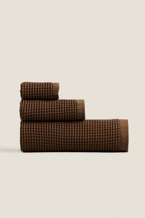 WAFFLE-TEXTURE COTTON TOWEL Champagne Supernova, Brown Towel, Cotton Bath Towels, Petrol Blue, Face Towel, Brown Aesthetic, Cotton Towels, Knit Cotton, Waffle Knit