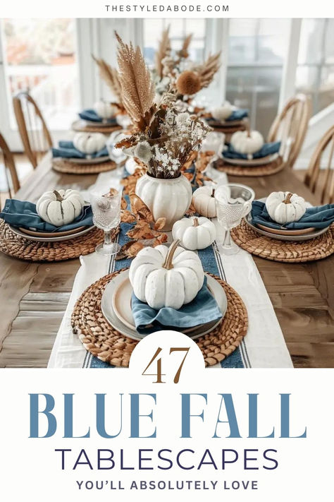 fall tablescape Blue Orange Tablescape, Blue And Orange Thanksgiving Tablescape, Thanksgiving Tablescapes Blue, Thanksgiving Table Settings Blue, Blue Christmas Tablescapes, Fall Decor With Blue Accents, Blue Thanksgiving Table Decor, Blue Thanksgiving Decor, Fall Dining Table Decor Ideas