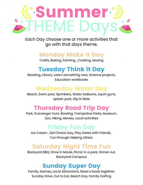 Day 41- Summer Theme Days plus FREE Printable {100 Days of Summer Fun} #247moms #iama247mom #momminitdaily #momlife #momcoach #motherhood Summer Home School Themes, Start Of Summer Party For Kids, Weekly Themes For Summer Camp, Summer Curriculum Themes, Summer Themes For Daycare, Start Of Summer Party, Summer Theme Days, Summer Camp Schedule, June Themes