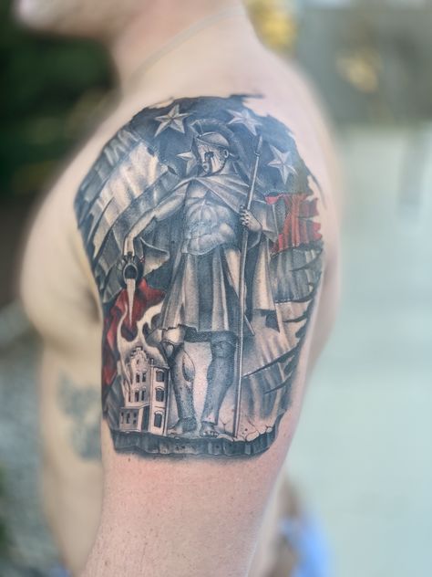 St Florian Tattoo, Saint Florian Tattoo, Firefighter Flag Tattoo, Firefighter Chest Tattoo, Unique Firefighter Tattoo, Fire Fighter Tattoos For Men, Firefighter Sleeve Tattoos For Guys, Saint Florian, Fighter Tattoos