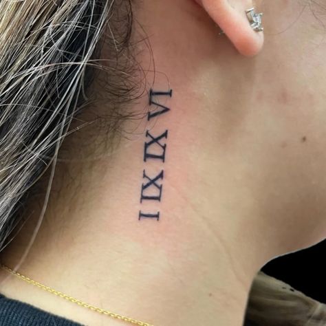 Back Of Neck Number Tattoo, Neck Tattoo Roman Numerals, Roman Numeral Neck Tattoo, Roman Numerals On Neck, Neck Font Tattoo Men, Eagle Neck Tattoo, Simple Finger Tattoo, Full Neck Tattoos, Butterfly Tattoos Images