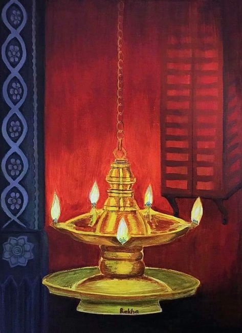 Diya Paintings On Canvas, Watercolor God Painting, Diwali Composition Painting, Onam Painting, Krishna Kolam, Diwali Painting Ideas, Diwali Artwork, Diya Paintings, Diwali Drawing Ideas