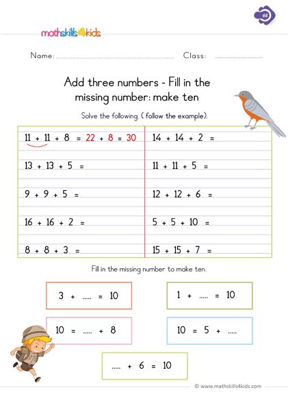 Super exciting add three numbers - Fill in the missing number: make ten math challenge for first graders. This very funny and easy but tricky exercise is meant to build in kids an awesome mental math skill and addition facts. Basic Addition Worksheets, November Math, Make Ten, Worksheets For Grade 1, Basic Addition, Making Ten, Addition Facts, Math Challenge, 1st Grade Math Worksheets