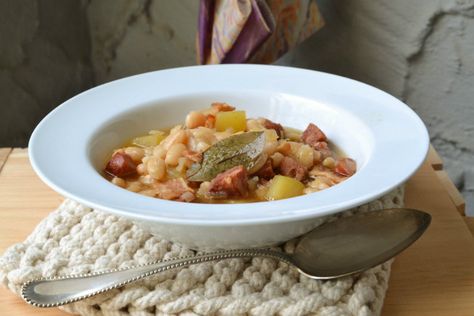 Portuguese White Bean Soup White Bean Recipes, Portuguese Cuisine, Turnip Greens, White Potatoes, White Bean Soup, Swiss Chard, Portuguese Recipes, White Bean, Bean Soup