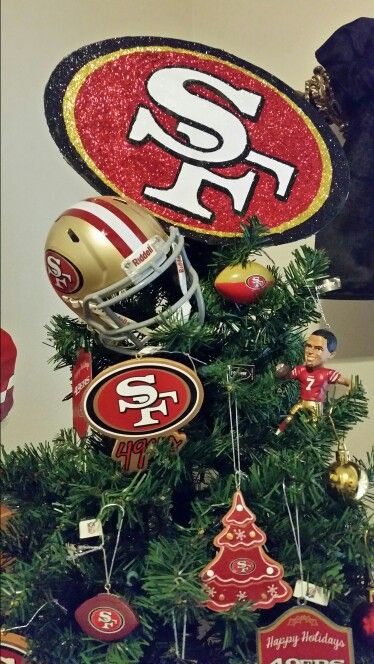 My Kaleb's christmas tree. 49er Christmas Tree, 49er Christmas Tree Ideas, 49ers Christmas Tree Ideas, 49ers Christmas Tree, Football Theme Christmas Tree, 49ers Christmas Ornaments Diy, Nfl Ornaments Diy, 49ers Christmas, 49ers Crafts