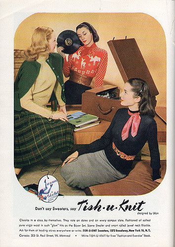 1940s Fashion-Tish-U-Knit Sweaters 1946 / Vintage Sweaters/ Fall Style/ Winter Style/ Record Player/ Vintage Advertising #1940s #1940sfashion #sweater #cardigan #records #vintagead #fallstyle #winterstyle #vintagehairstyle Three Women, Rock N’roll, Deer Print, Record Players, Vintage Records, Vintage Vinyl Records, Vintage Life, 1940s Fashion, Record Player