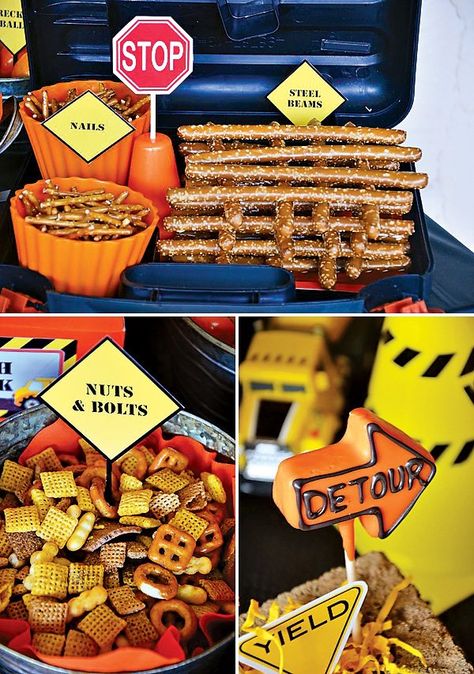 Construction Birthday Party Food Snacks, Construction Snacks, Bunnings Birthday, Construction Party Ideas, Construction Birthday Party Food, Construction Theme Birthday Party, Construction Theme Party, Construction Birthday Parties, Trucks Birthday Party