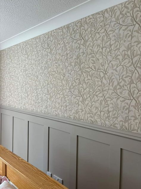 Wallpaper In Master Bed, Panel And Wallpaper, Wallpaper In Master, Bedroom Panel, Master Bed, House Remodel, Master Bedding, Girls Room, House Inspo