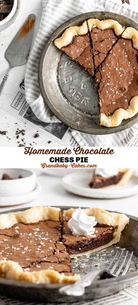 With its rich, fudgy filling, Chocolate Chess #Pie is a beloved Southern treat! This buttery, sweet, decadent pie makes a great addition to any holiday table! #chesspie #pierecipe #thanksgiving #chocolate #chocolatepie Chocolate Chess Pie Recipe, Yummy Pie, Crust Designs, Chess Cake, Chess Pie Recipe, Chocolate Chess Pie, Grandbaby Cakes, Homemade Pies, Chess Pie