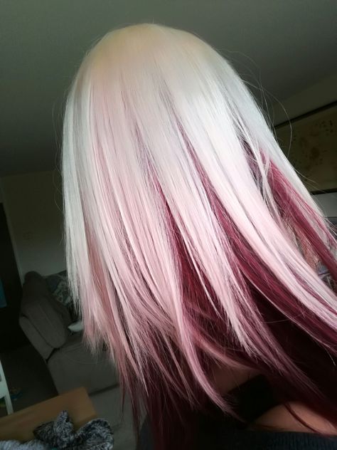 Pink Hair With Red Underneath, Cute Ways To Dye Your Hair Blonde, White To Red Hair, Red And Blonde Underneath Hair, Blonde With Dyed Tips, Red Hair With White Underneath, Deep Red And Blonde Hair Color, White Hair Red Highlights, Angel Ring Hair Dye Style