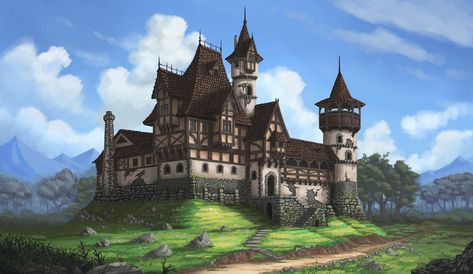 Fantasy Auction House, Mansion Fantasy Art, Fantasy Manor Concept Art, Fantasy House Concept Art, Fantasy Mansion, Medieval Mansion Concept Art, Medieval Fantasy House Concept Art, Medieval House, Fantasy House Art