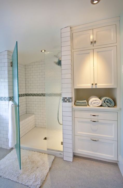 Closet In Bathroom, Built In Bathroom Storage, Bathroom Built Ins, Bathroom Linen Closet, Master Bath And Closet, Linen Closets, Bathroom Storage Ideas, Closet Built Ins, Bathroom Closet