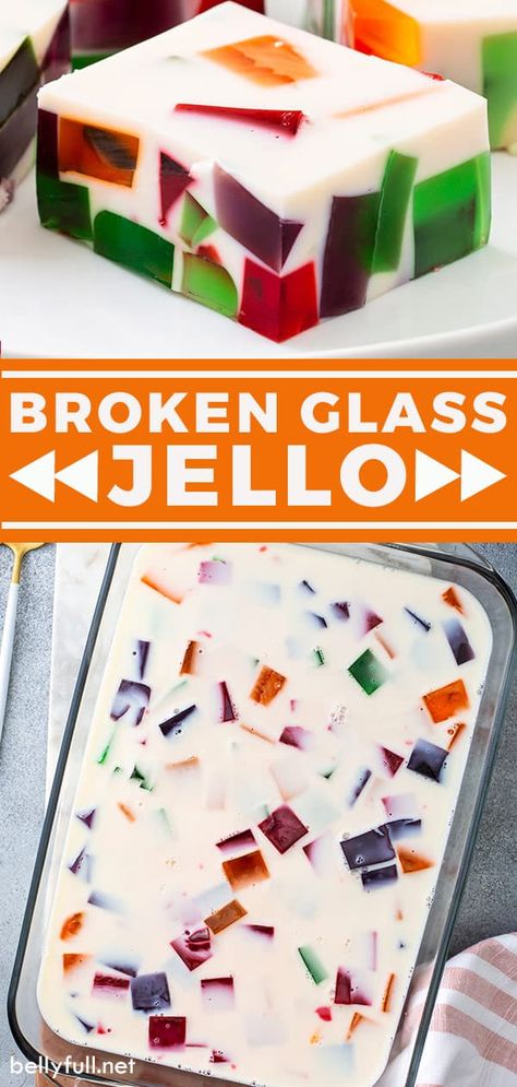 Broken Glass Jello (also known as Stained Glass Jello) looks so impressive, but is really easy to make! Different colors of Jello float in a sweetened white gelatin mixture. Vary it every time by using different flavors. This classic make-ahead dessert recipe looks so lovely on a buffet table and is always a hit at holidays, potlucks, and luncheons! Stained Glass Jello, Broken Glass Jello, Glass Jello, Jello Deserts, Jello Mold Recipes, Jello Recipe, Impressive Dessert, Jello Dessert Recipes, Gelatin Recipes