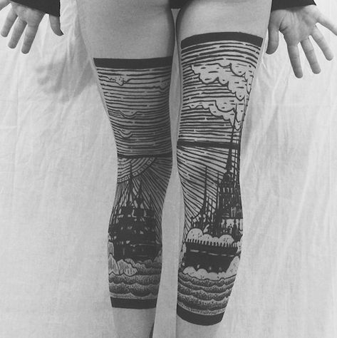 Stunning Diptych Tattoos Form Landscapes Across the Backs of Legs - My Modern Met Tattoo Bein Frau, 2spirit Tattoo, Tower Tattoo, Back Of Leg Tattoos, Engraving Tattoo, Taurus Tattoos, Skeleton Hand Tattoo, Tatuaje A Color, B Tattoo