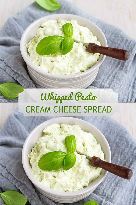 Smear this whipped pesto cream cheese spread on a bagel or tortilla and layer it with all of your favorite sandwich toppings. Or just eat it straight with your favorite crackers! 51 calories and 2 Weight Watcher SP #creamcheese #pesto #weightwatchers Pesto Cream Cheese, Sandwich Toppings, Bagel Sandwich Recipes, Bagel Spread, Cream Cheese Spread, Bagel Sandwich, Homemade Bagels, Condiment Recipes, Sandwich Spread