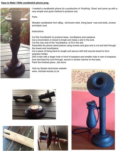 Here's how we made a candlestick phone cheaply and quickly. Click the image to see a larger version of the worksheet. Annie Props, Theater Props, Candlestick Phone, Annie Jr, Annie Musical, Bugsy Malone, Theatre Art, Diy Candle Sticks, Stage Crew