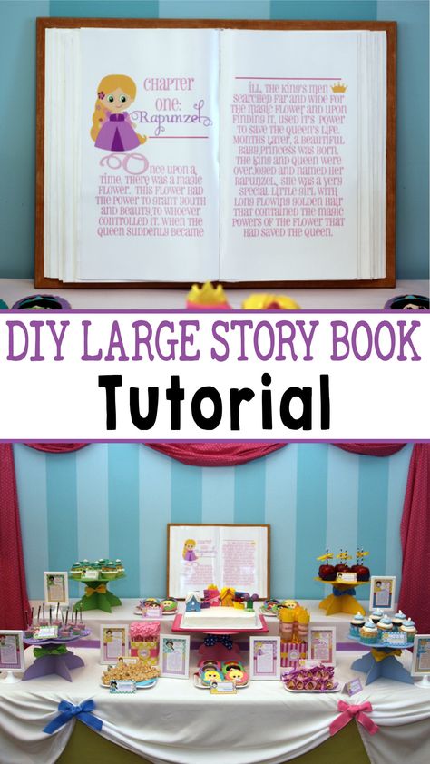 Princess Party: DIY Giant Storybook Tutorial. Here's an easy tutorial for making a large storybook prop or backdrop piece for your princess party. Be sure to also check out the Crown Activity, Castle Tutorial and Poison Candied Apple tips. via @mimisdollhouse Princess Party Diy, Crown Activity, Book Prop, Decorations Diy Party, Diy Party Crafts, Home Improvement Hacks, Princess Book, Girls Birthday Party Themes, Party Decorations Diy