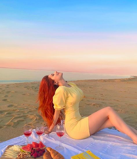 Red Hair Yellow Dress, Dp Collection, Aesthetic Pose, Hair Yellow, Sea Dress, Ginger Hair, Girly Art, Aesthetic Backgrounds, Yellow Dress