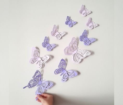 Purple Butterfly Wall Art, Purple Nursery Wall Art, Purple Wall Decor, 3D Wall Butterflies, Butterfly Wall Art, Purple Wall Art, 10 pcs Set includes 10 butterflies from 1.5inch (4cm) to 5inch (13cm). Gold card stock paper. Includes adhesive tabs for easy attachment. CUSTOM AND PERSONALIZED ORDERS I accept custom orders! If you have any questions, please feel free to contact me any time! Please message me for custom design. This is my second store. If you are interested in the opinion, please tak Purple Butterfly Room, Purple And Blue Room, Purple Dorm, Wall Butterflies, Purple Bedroom Decor, Blue Room Decor, Purple Room Decor, Purple Wall Decor, Wall Art Purple