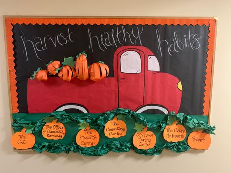 Thanksgiving Pe Bulletin Boards, Harvest Theme Bulletin Board, Fall Hospital Bulletin Boards, Halloween Self Care Bulletin Board, School Bulliten Board Decorations, October Bulletin Board Ideas For Work, Elementary Cafeteria Bulletin Board, Emergency Room Bulletin Board Ideas, Caring And Giving Bulletin Board Ideas