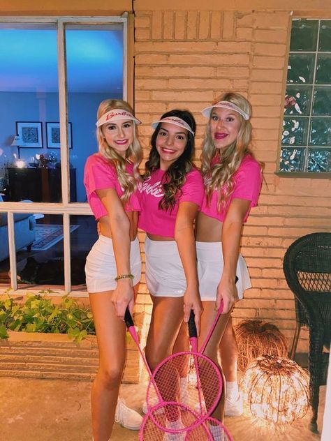 The best Barbie Halloween costume ideas to DIY Barbie And Friends Halloween Costumes, Barbie Aesthetic Halloween Costume, Barbie Tennis Costume, Barbie Outfits For Halloween, Different Barbies Costumes Halloween, 2 Person Halloween Costumes Cute, Tennis Costume Halloween, Cute Barbie Halloween Costume, Barbie Costume Party