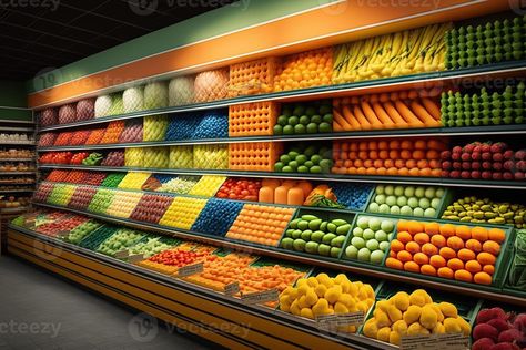 illustration of fresh and colorful, fruit and vegetable section of the supermarket Supermarket Background, Fruit And Veg Shop, Fruit Shop, Colorful Fruit, Store Design Interior, Cityscape Photos, Logo Banners, Fruit And Veg, Top View