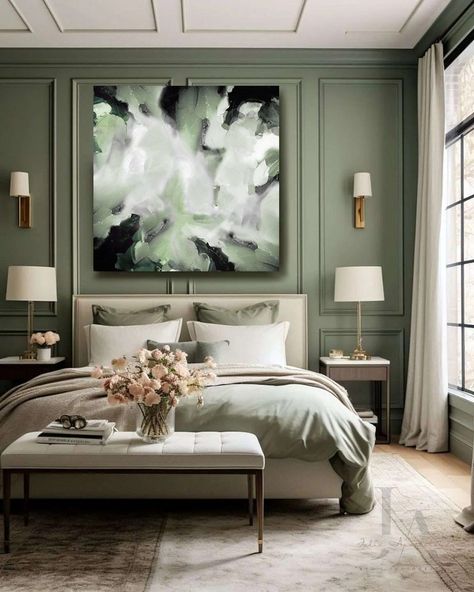 Modern Bedroom Boho, Sage Green Wall Art, Sage Green Wall, Sage Green Bedroom, Ideal House, Sage Green Walls, Gold Bedroom, Textured Canvas, Framed Abstract