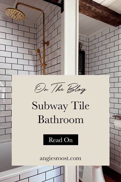 I have long loved small bathroom designs using white subway tile and black grout for the entire bathroom. It's a classic, timeless look that pairs so well with our vintage 1700s farmhouse in Vermont. This subway tile bathroom with exposed beams and wide plank wood floors has so much charm and character. Combined with a gold shower faucet and a vintage black medicine cabinet, this subway tile bathroom is a budget-friendly looker. Learn more about our DIY subway tile bathroom remodel on the blog. Bathroom With Black Grout, Bathroom Subway Tile Ideas Wall, Subway Tiled Bathrooms, Subway Bathroom Tile Ideas, White Subway Tile Bathroom Ideas, White Tile Dark Grout Bathroom, Subway Tile With Charcoal Grout, Bathroom Subway Tile Ideas, 1700s Farmhouse