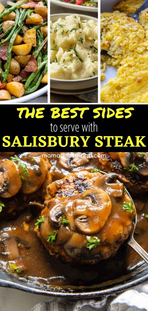 If you are wondering what to serve with salisbury steak, find the best sides, even dishes besides mashed potatoes! Discover what type of vegetables, breads, salads and more goes with salisbury steak, along with what to do with leftovers! Salisbury Steak Dinner, Salisbury Steak Sides Dishes, Side Dishes For Cube Steak, Hamburger Steak Sides Dishes, Sides For Hamburger Steak, Salsbury Steak Sides Dinners, Meatball Side Dishes, Mamagourmand Recipes, Hamburger Side Dishes